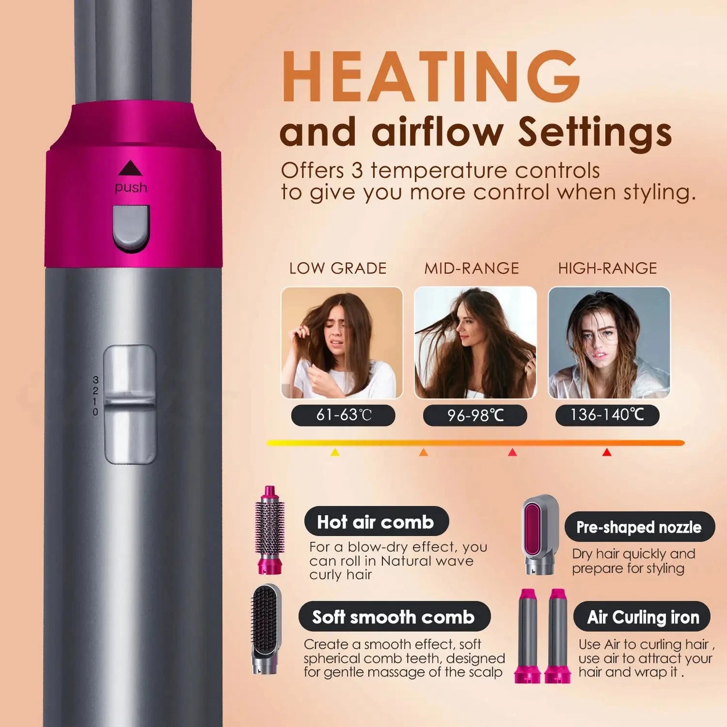 Hair Dryer 5-In-1 Electric Hair Comb Negative Ion Straight Curler Brush Blow Dryer Air Comb Removable Brush Kit Tool