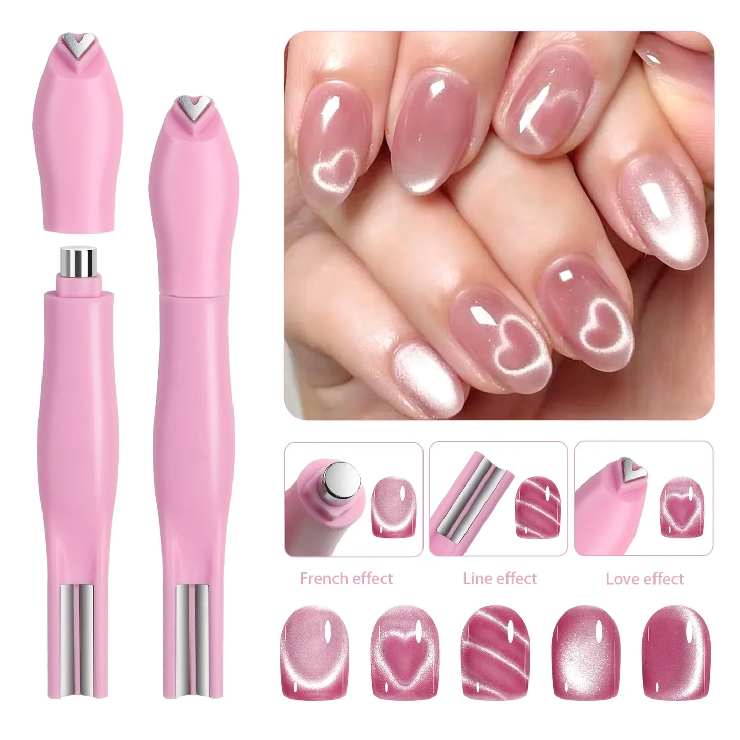 3 in 1 Nail Magnet Tool 3D Love Heart Cat Eye Nail Magnet Double Line Moon Snake Pattern French Nail UV Magnetic Stick Manicure