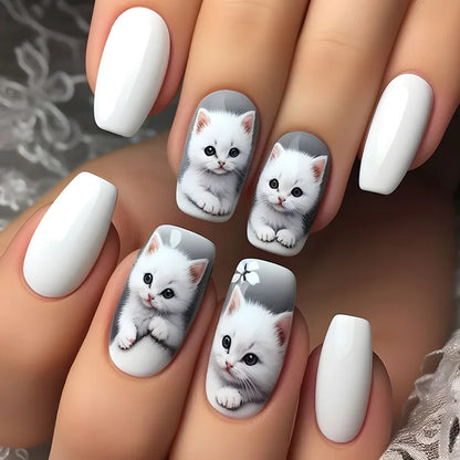 24Pcs Cute Square Stick on Fake Nail with Cartoon Panda Flower Pattern French Nail Art Acrylic Detachable Fashion False Nail Tip