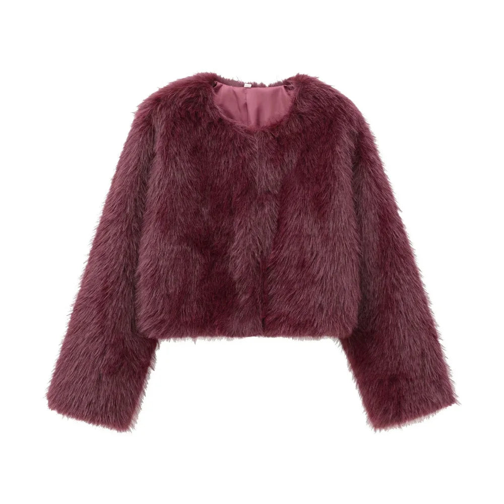 Women's Thick Warm Faux Fur Cropped Jacket, O Neck, Long Sleeve, Female Outerwear, Chic Tops, Fashion