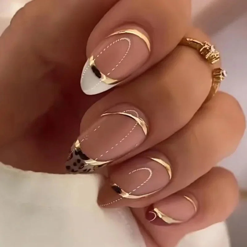 24Pcs Almond False Nails with Leopard Print Designs Long Stiletto French Press on Nails Wearable Spike Full Cover Fake Nail Tips