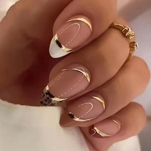 24Pcs Almond False Nails with Leopard Print Designs Long Stiletto French Press on Nails Wearable Spike Full Cover Fake Nail Tips