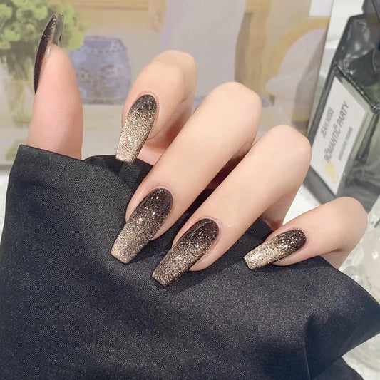 24PCS/1BOX Coffee-colored Cat's Eye Fake Nails Phototherapy Hand-worn Armor Fake Nails