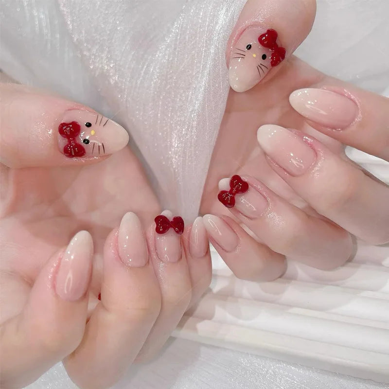 24PCS Cute Red Bowknot Short Oval Press on Nail with Glue Cartoon Cat Glossy French Fake Nails for Girls Wearable Ins Nail Tools