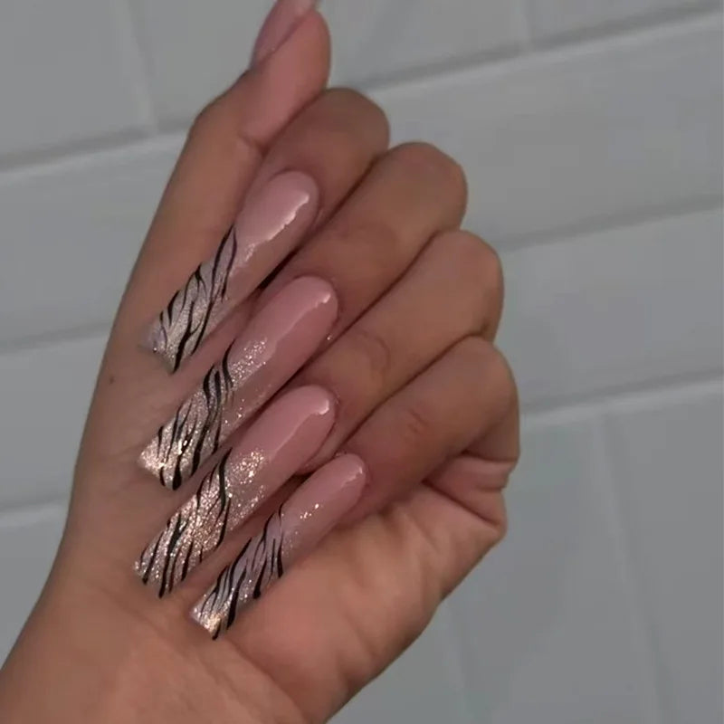 24Pcs Gold French Border False Nails Long Coffin False Nails with Rhinestones Ballerina Full Cover Nail Tips Press on Nails