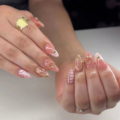 Pink Magic Mirror French 3D Flowers Nail Art Fashion Almond Wearable False Nails Detachable Finished Fake Nails Press on Nails