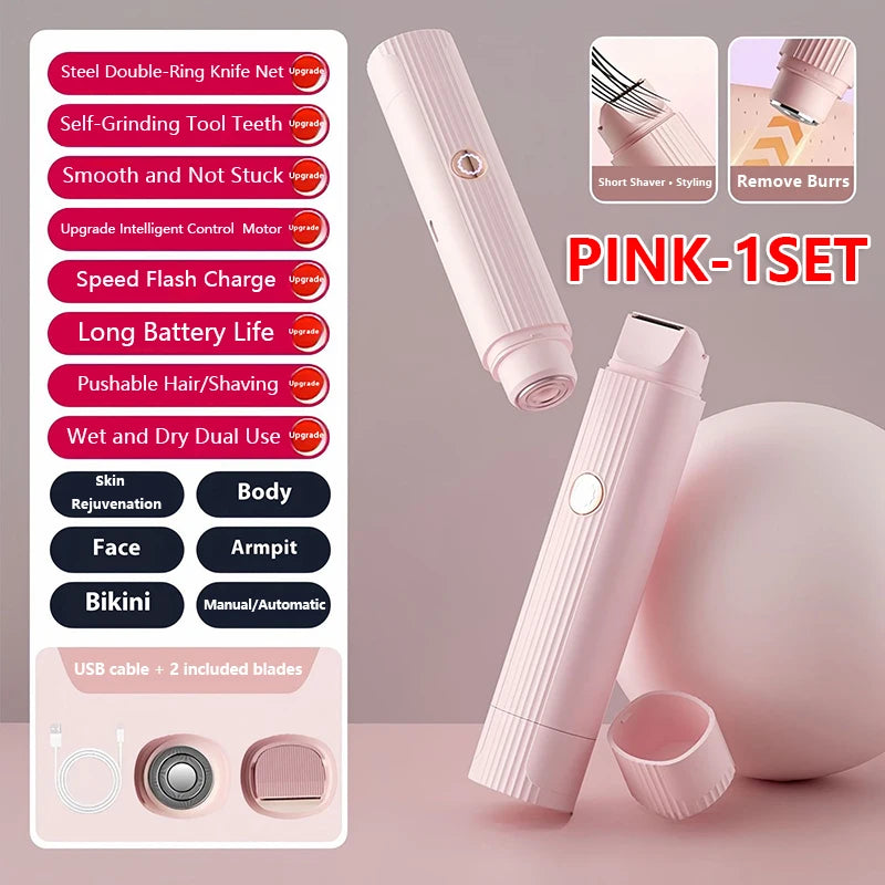 Waterproof 2in1 Electric Shaver for Women Bikini Hair Trimmer Wet Dry Use Dual Head Detachable Cordless Rechargeable