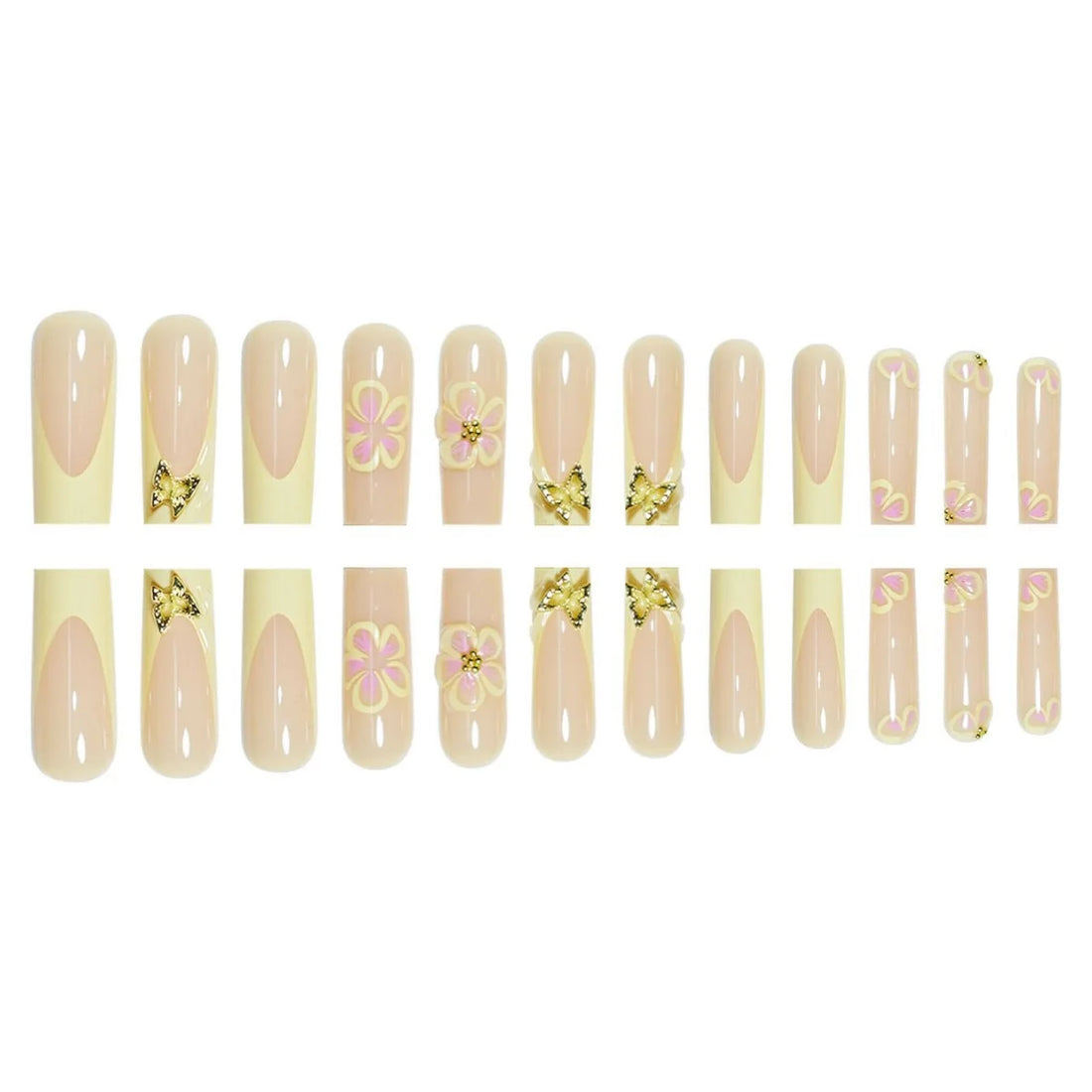 24pcs Fresh Long Coffin Fake Nails Yellow French Style Flower Printed Metal Butterfly Designs Press On Nails Summer False Nail