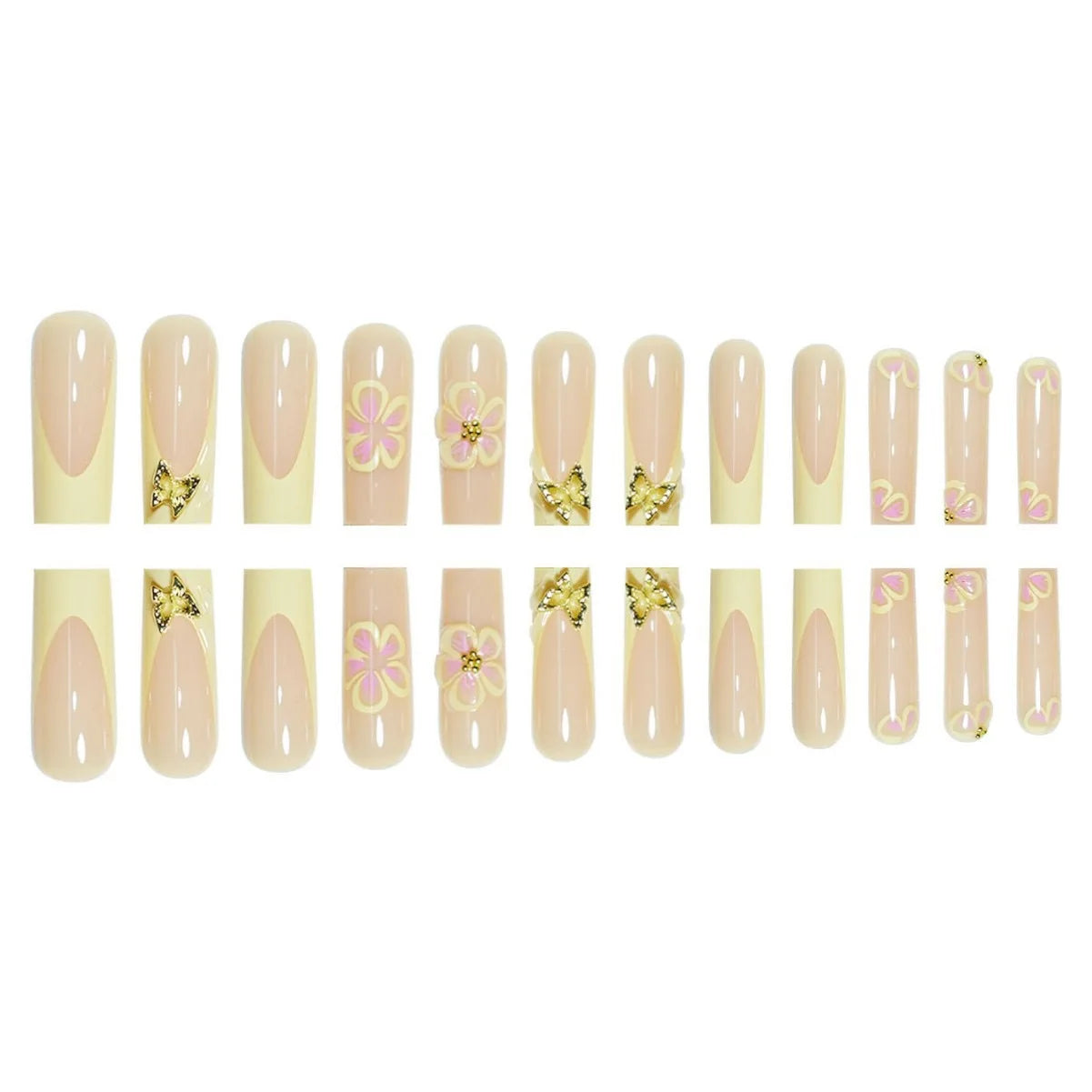 24pcs Fresh Long Coffin Fake Nails Yellow French Style Flower Printed Metal Butterfly Designs Press On Nails Summer False Nail