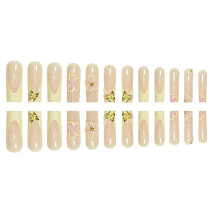 24pcs Fresh Long Coffin Fake Nails Yellow French Style Flower Printed Metal Butterfly Designs Press On Nails Summer False Nail
