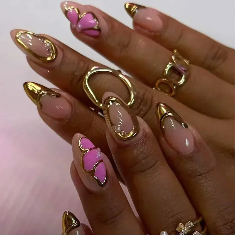 24Pcs Y2k Almond Acrylic Nails Full Cover 3D Diamond Black Nail Art Sweet Cool French Wearable Fake Nail Manicure Tips for Girls