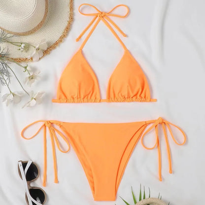 Bikini three-point swimsuit sexy drawstring strap halter bikini solid color lace-up split swimsuit