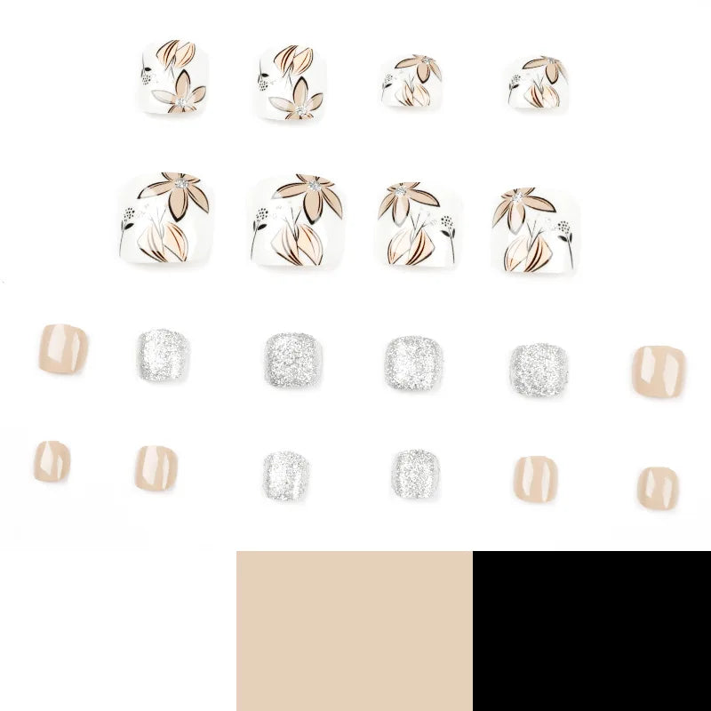 24P Fake Toenails With Glue French Line Glitter False Toe Nails Art Detachable Press On Toenails Acrylic Butterfly ToeNails Tips