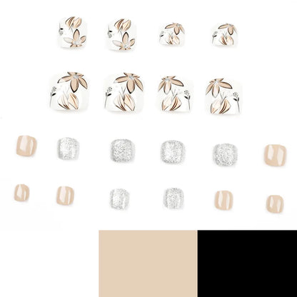24P Fake Toenails With Glue French Line Glitter False Toe Nails Art Detachable Press On Toenails Acrylic Butterfly ToeNails Tips