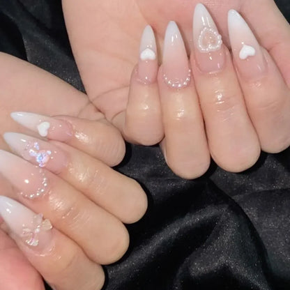 24Pcs Almond Press-On Nails in Pink Cat Eye with Heart & Strawberry Designs – Glossy Acrylic Stick-On Nails for Women & Girls