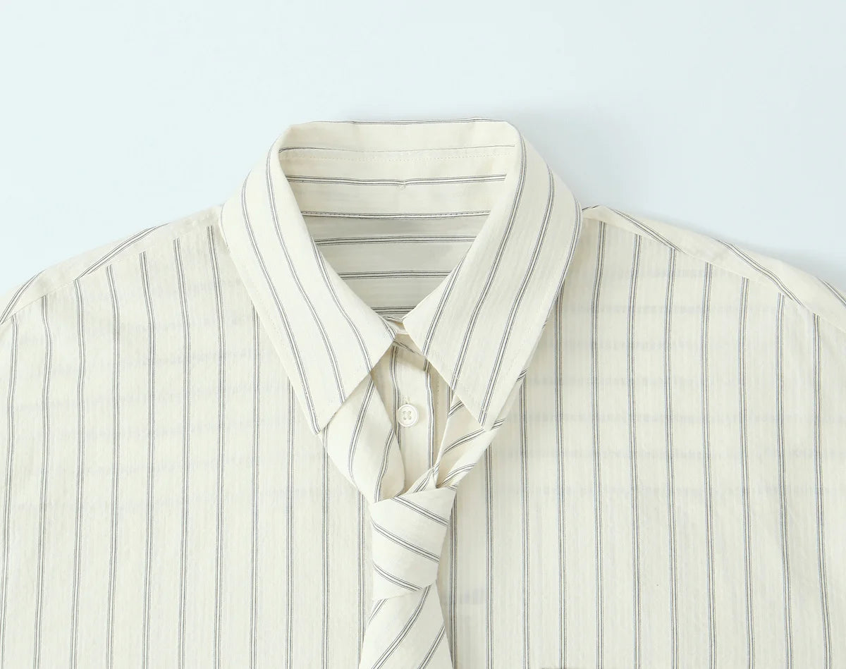 2025 autumn new women's casual fashion temperament loose versatile striped tie lapel long-sleeved shirt top