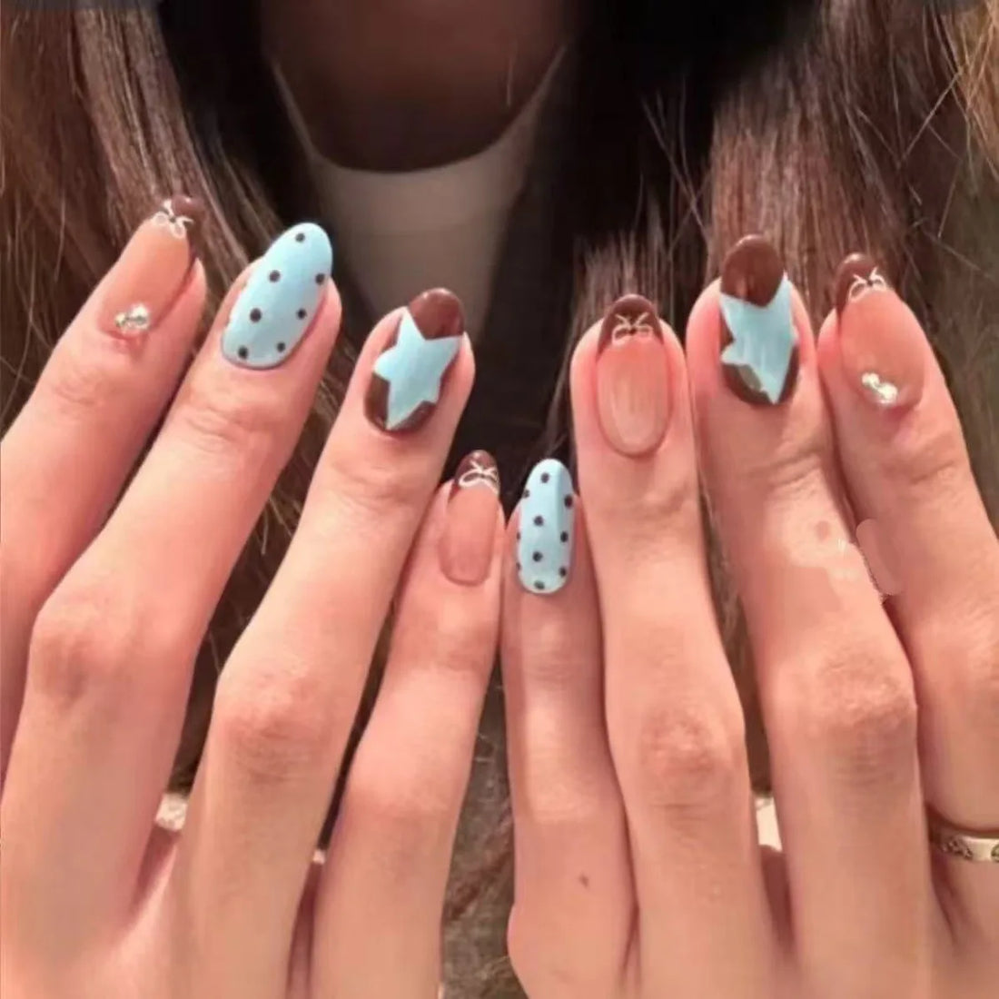 10PCS Ins Blue Short Oval False Nails Retro Hand-drawn Brown Polka Dot Bow French Press on Nails Full Cover Detachable Manicure