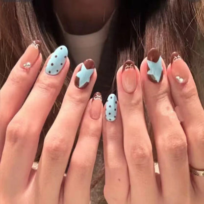10PCS Ins Blue Short Oval False Nails Retro Hand-drawn Brown Polka Dot Bow French Press on Nails Full Cover Detachable Manicure