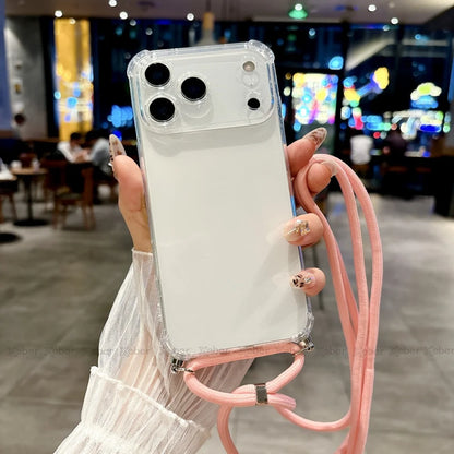 Shockproof Clear Soft Bumper Case For iPhone 17 16 15 14 Pro Max Plus Crossbody Lanyard Necklace Strap Cord Nylon Rope Cover