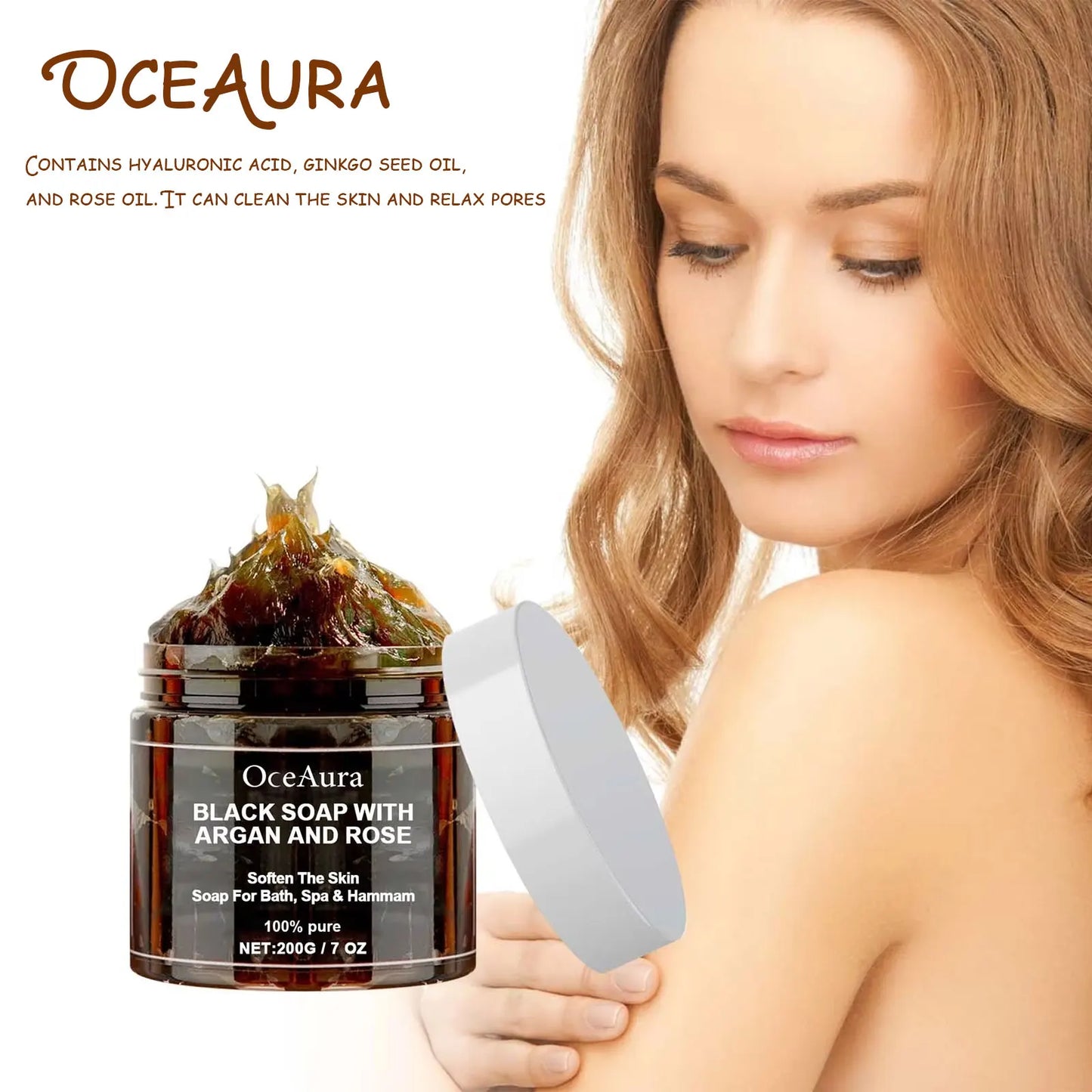 OCEAURA 200g Black Soap With Argan And Rose lack Beldi Soap Ideal For Dead Skin Remover Body Scrub Purifying Deep Cleansing