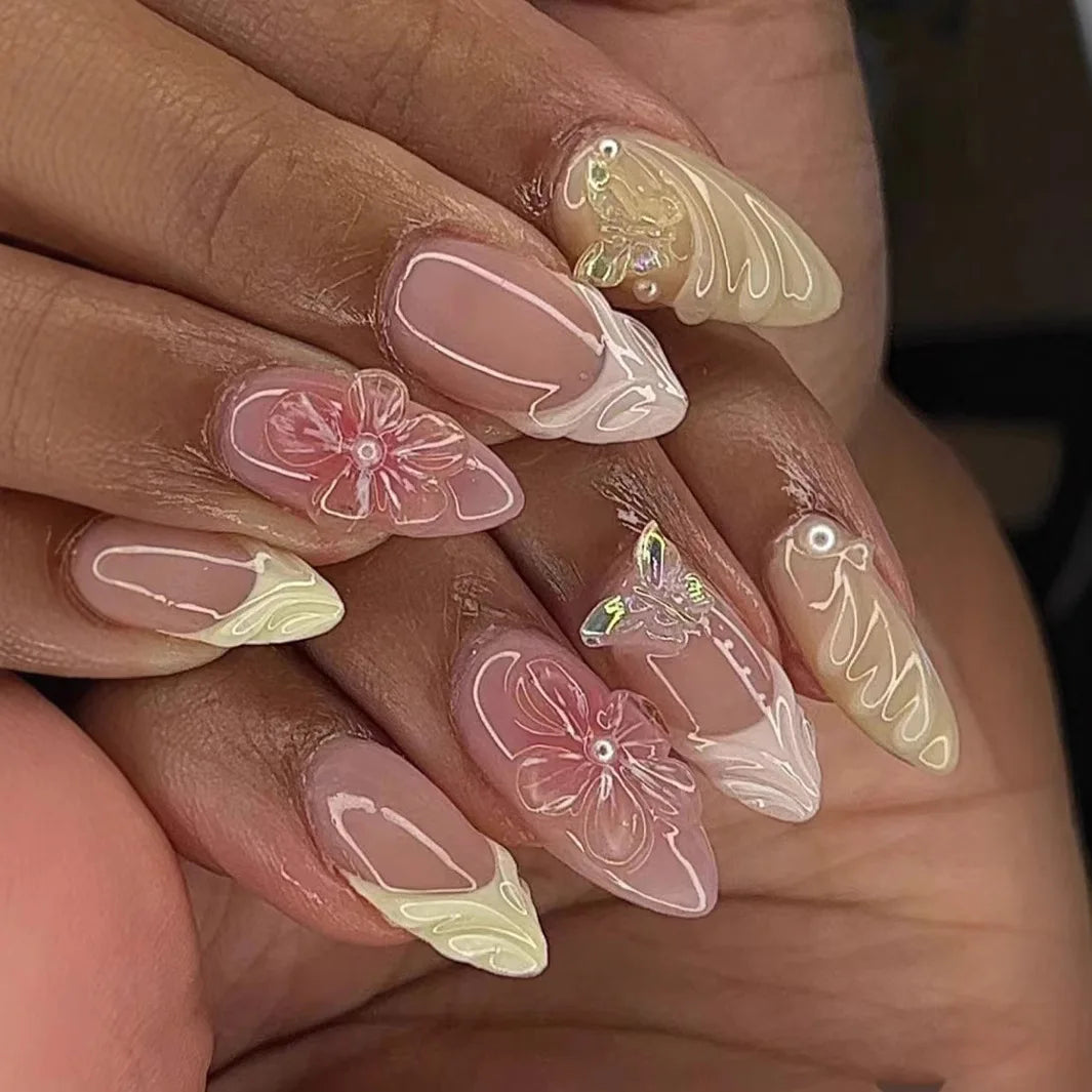 24Pcs Mid-length 3D Flowers Design Fingertips Sweet Butterfly Yellow Ripple Almond False Nails Detachable Full Cover Press Ons
