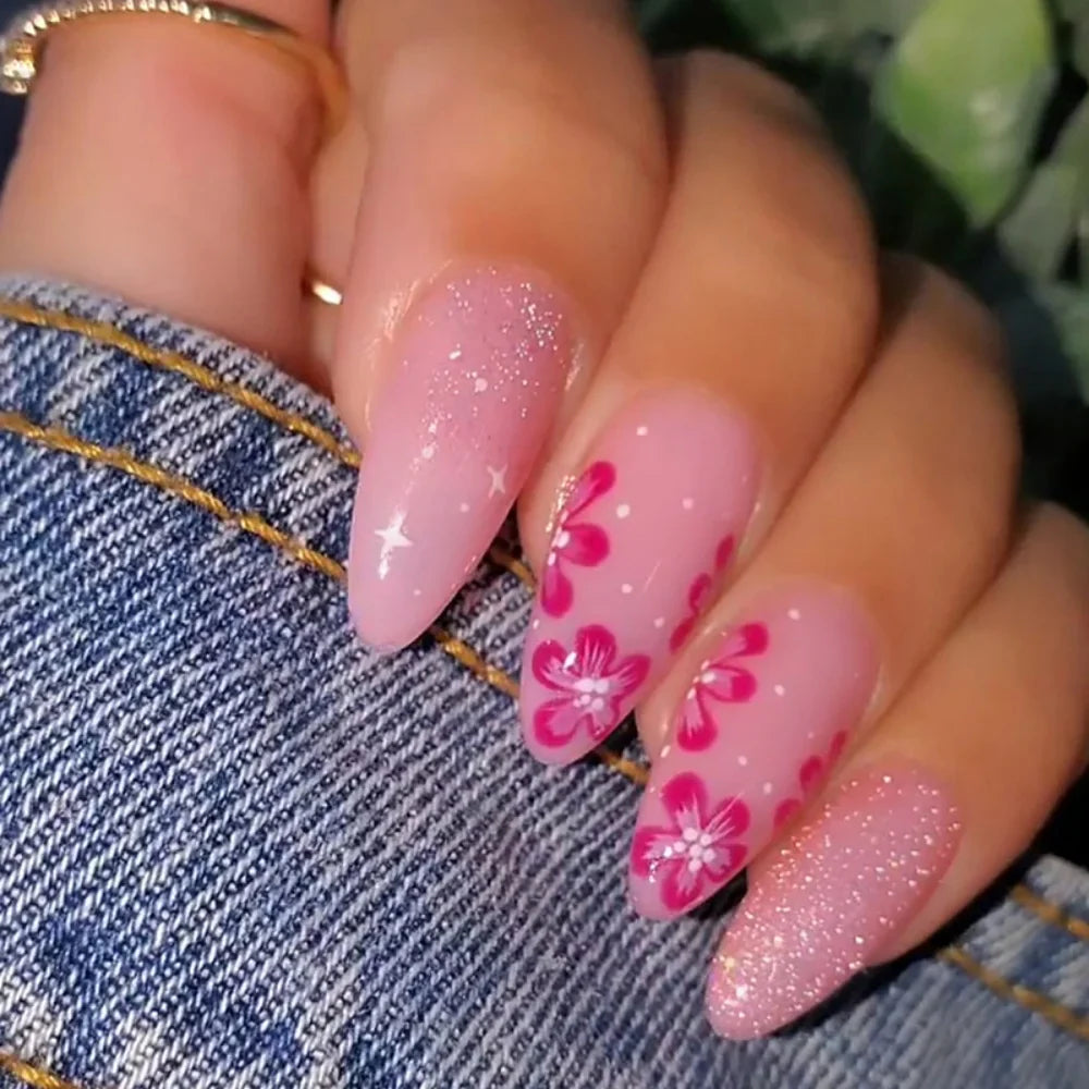 24pcs Cute False Nail Ocean Creature Pattern Stick on Nails Yellow French Short Almond Fake Nail Flower Design Press on Nails