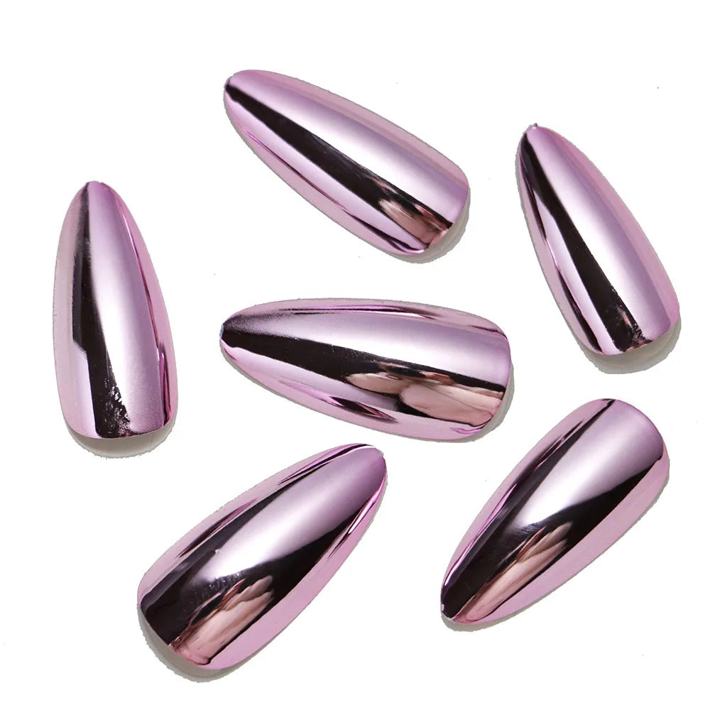 24pc/set Medium almond fake nails metallic mirror red black purple blue golden tips faux ongles y2k press on acylic false nail