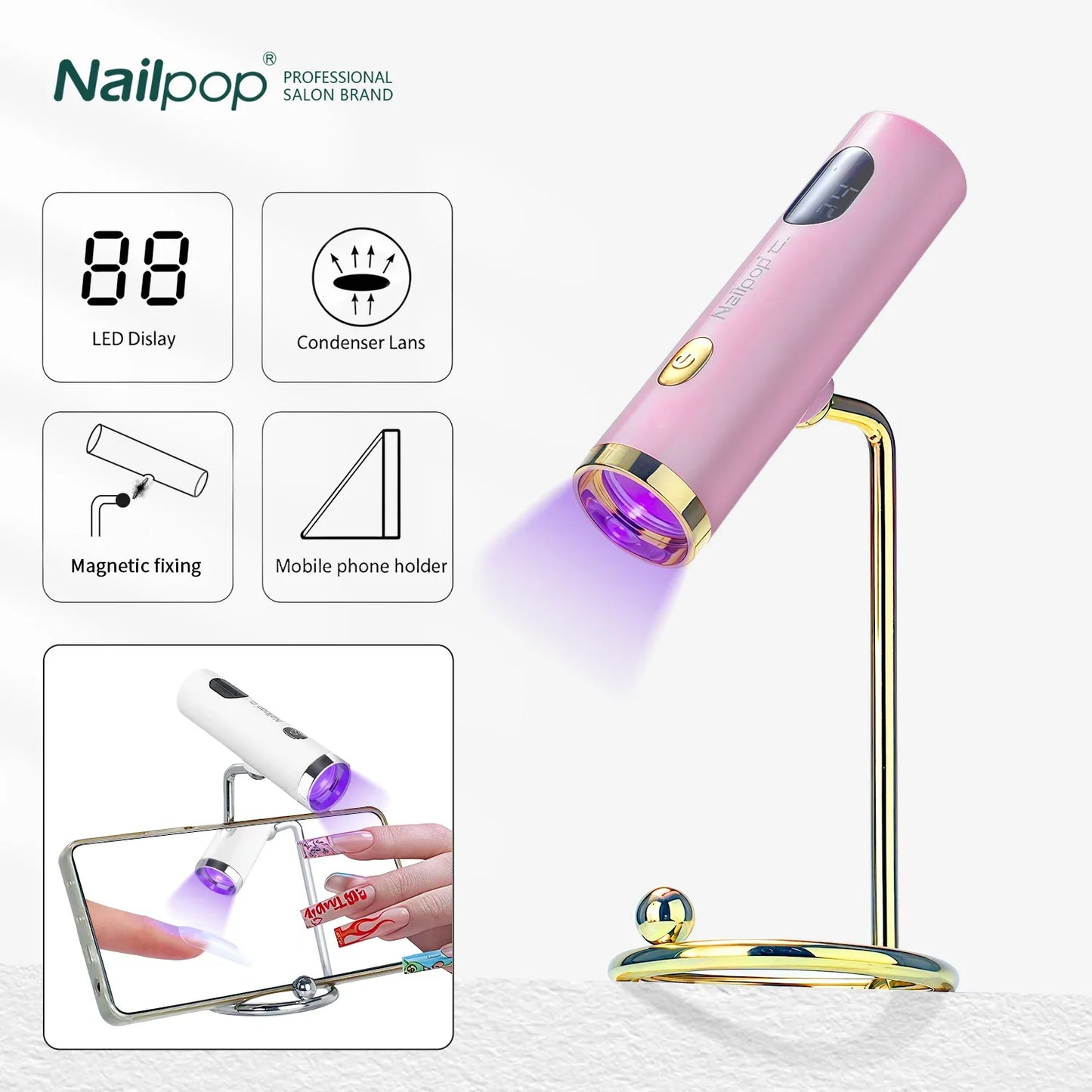 NAILPOP Portable Magnetic Pink UV Nail Lamp Handheld USB Rechargeable Gel Nails Lamp Detachable And Usable for Professional Use