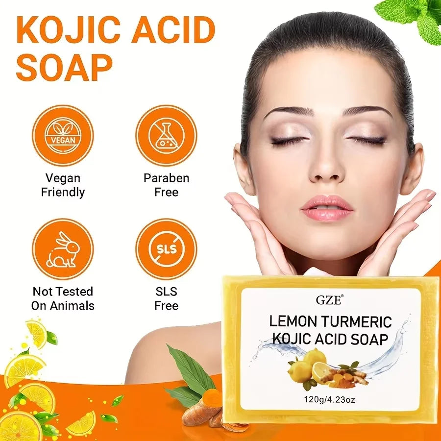 5 Pack GZE Body Restore Lemon Turmeric Kojic Acid Soap, with Shea Butter, For Face Dark Spots, Body, Rejuvenating, Exfoliating