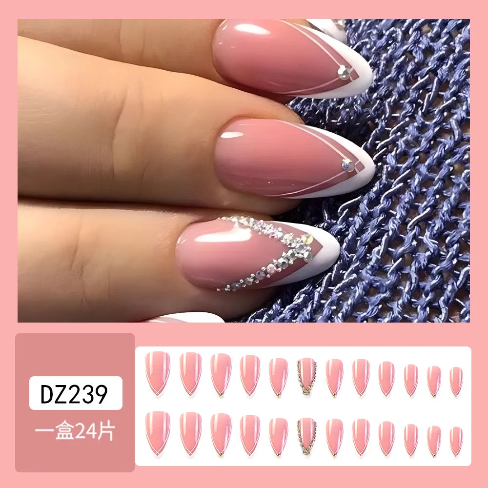 24Pcs Simple Glitter Almond False Nails with Glue Ballerina Nail Design Sweet Cool French Detachable Press on Nail Manicure Tips