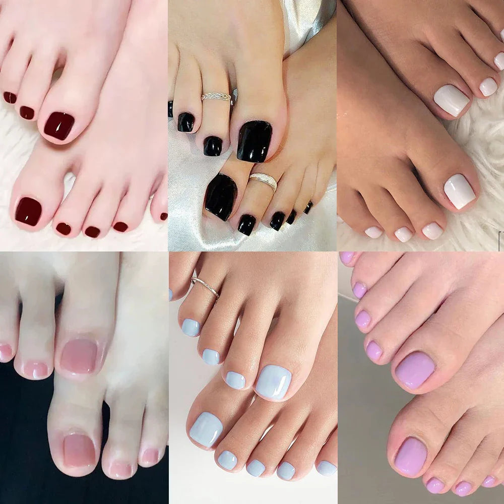 144pcs Short Square False Toe Nails Lake Blue/White/Red/Nude Press on Toenails Glossy Full Cover Toe Nails 100/120pcs Artificial