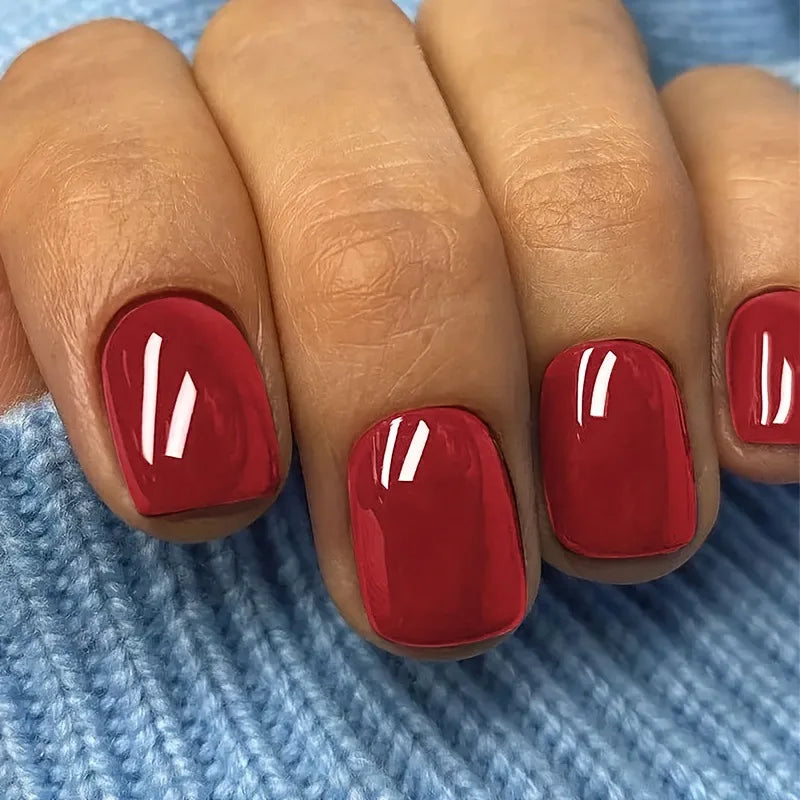 24pcs Crystal Cat Eye False Nails with Glue Short Square Press on Nails Shiny Red Jewel Nail Solid Color Fake Nails Minimalis