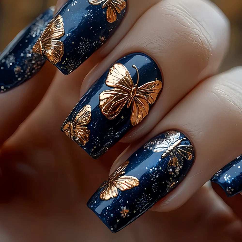 Medium Square Almond Shaped Wearable Fake Nails Autumn Winter Black Golden Purple Green Butterfly Flower tips press on nails