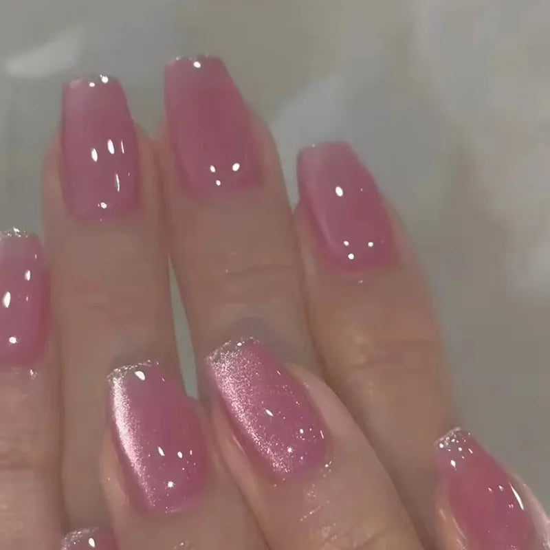 24pcs/set short medium fake nails shinny sparkling glitter square ballet nail tips starry star cat eyes press on false nail art