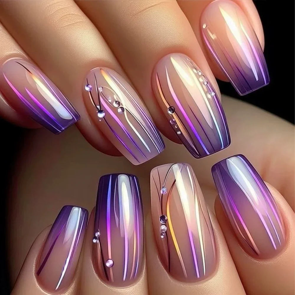 24Pcs Fashion French Fake Nails Colorful Glitter with Butterfly Patterns Medium Square False Nail Art Wearable Acrylic Nail Tips