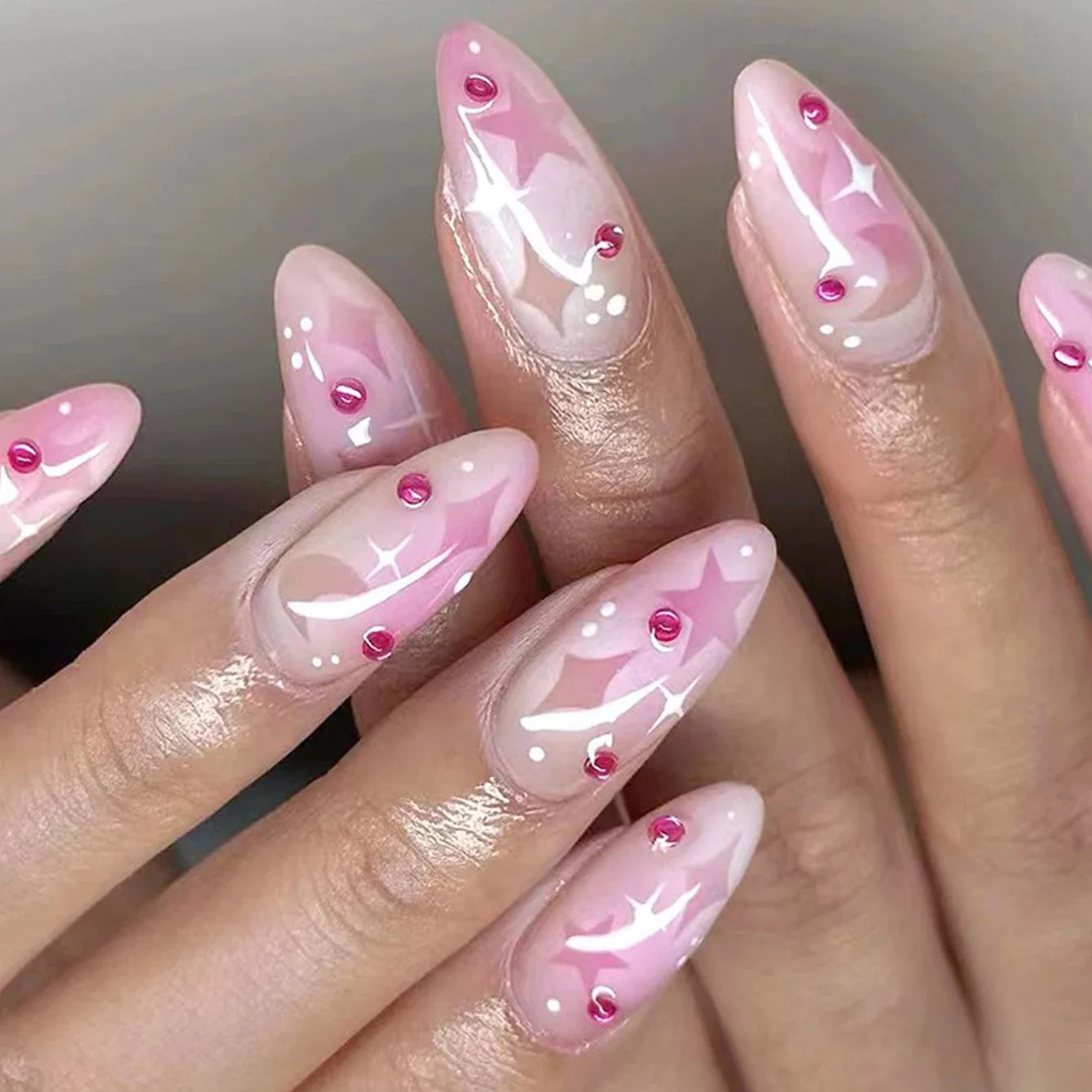 24PCS- white almond fake nails, red love pattern decoration, exquisite elegance, fashion generous, suitable for dating, dinner,