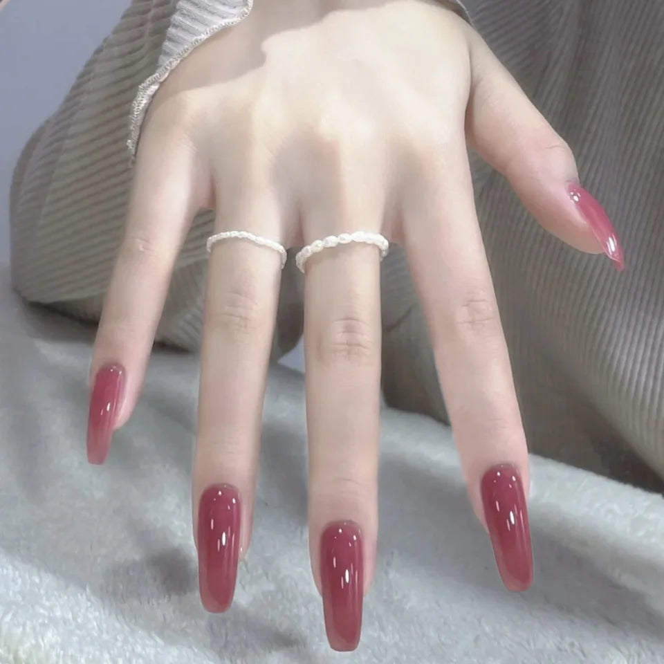 24pcs/Box Long Coffin False Nails Art Rose with Glue Wearable Nude Pink White Color Jelly Nails Tips Full Cover Press on Nails