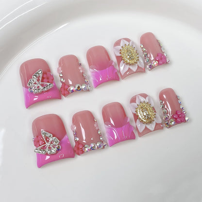 10pcs Pink Duckbill Handmade Press on Nails Art Simple White French Short Fake Nail Wearable Rhinestones Design False Nails Tips