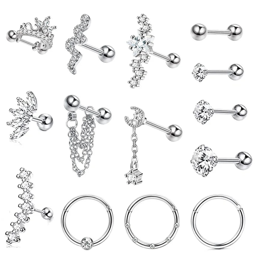 Drperfect Stainless Steel Stud Earrings for Women Men Star Moon Snake Cartilage Screw Back Earring Helix Piercing Jewelry