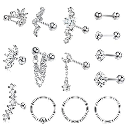 Drperfect Stainless Steel Stud Earrings for Women Men Star Moon Snake Cartilage Screw Back Earring Helix Piercing Jewelry