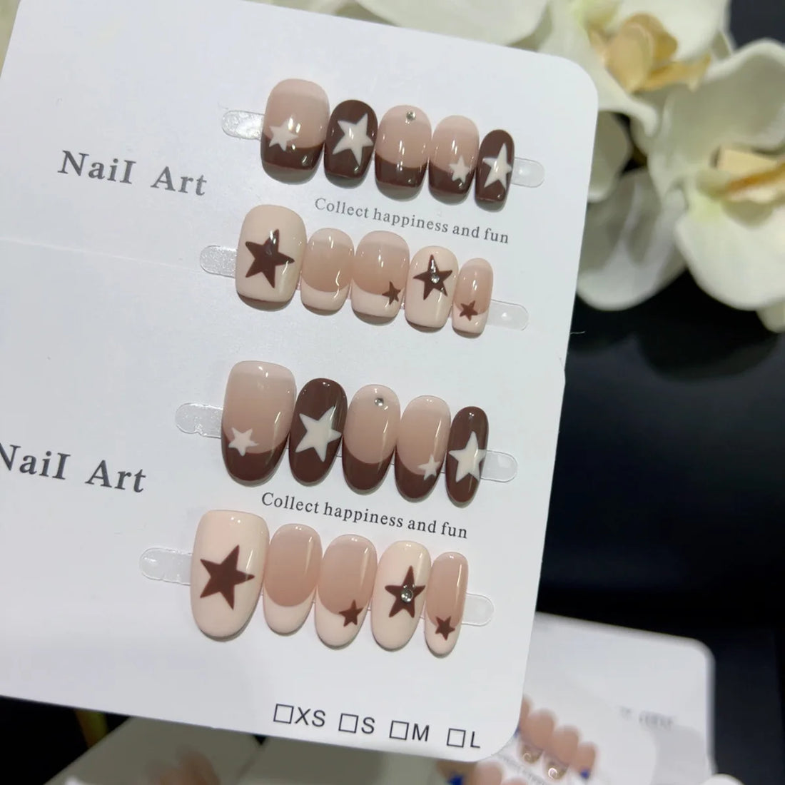 10pcs Handmade French Short Press On Nails Milk Coffee Color Star Design Y2K Fake Nail Wearable Nail Art Tips for Girls