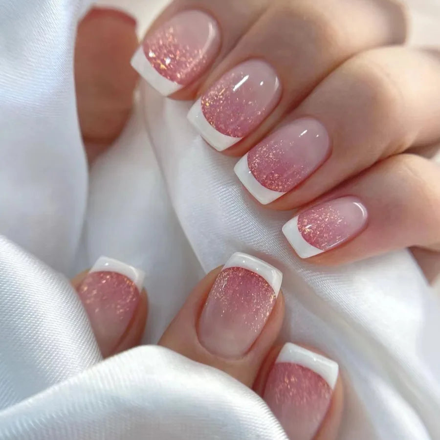 Glossy Press on Nails Set Short Oval Shiny Gradient French Nail Art Design Reusable Full Cover Fake Nails with Glue for Girls