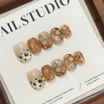 10PCS Summer BrownThe Polka Dot Cat's Eye Short Nail Art Hello Kitty Cute Notes Handmade Acrylic Fake Nail Gift
