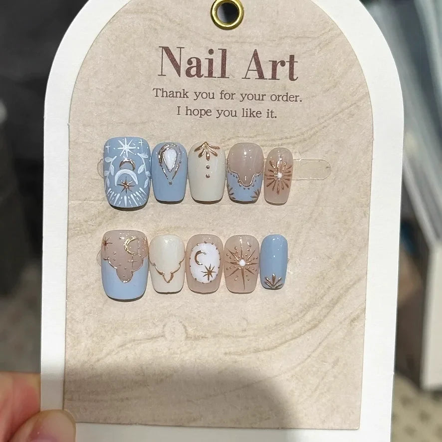 10Pcs French Handmade Press on Nails White Flower Fake Nails Wearable Stick-on Nails Full Cover False Nail Накладные Ногти 네일팁