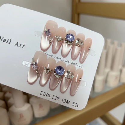10pcs high-end Light luxury cat-eye gradient purple beveled small diamond butterfly pile diamond handmade fake nails, Simple and