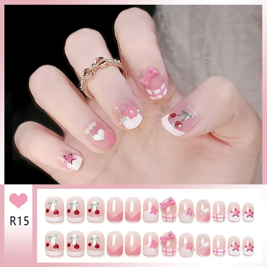 24pcs Bowknots Love Heart Pattern Press On Nails Cute Fresh Short Round French Style False Nails Korean Sweet Wearable Fake Nail