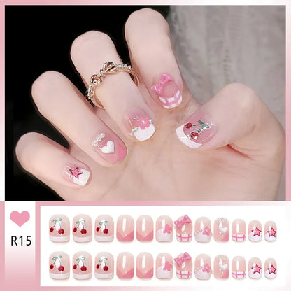 24pcs Bowknots Love Heart Pattern Press On Nails Cute Fresh Short Round French Style False Nails Korean Sweet Wearable Fake Nail