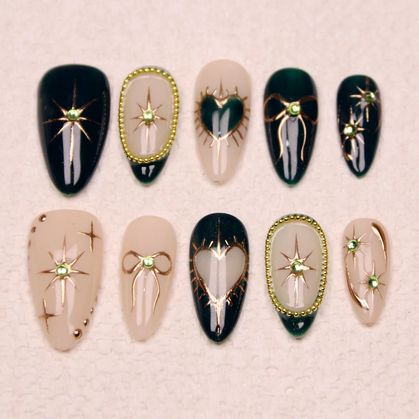 10Pcs Handmade Manicure Medium Almond Fake Nails Unique 3D New Cut bow Flowers Press On Nails Design with Adhesive Nail File Set