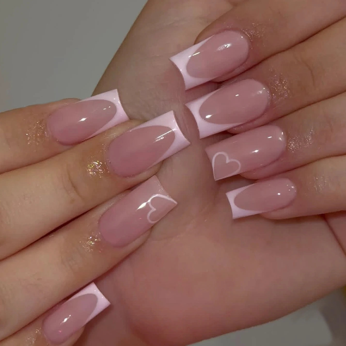 24PCS Rectangular Fake Nails Cute Heart-Shaped Nude Fake Nails Pointed French Valentine's Day Nails Suitable For Women And Girls