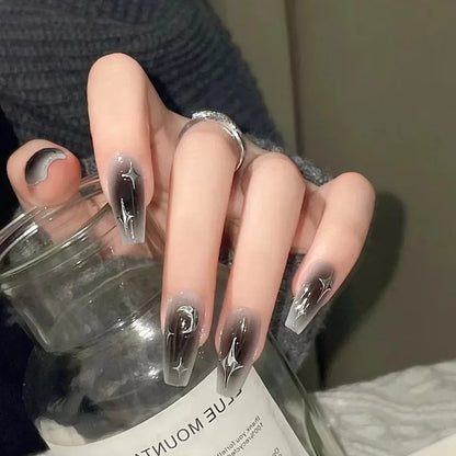 Y2K Black White Star Artificial Fake Nails Full Cover Short False Nail Removable Press on Nails for Women DIY Manicure 24Pcs